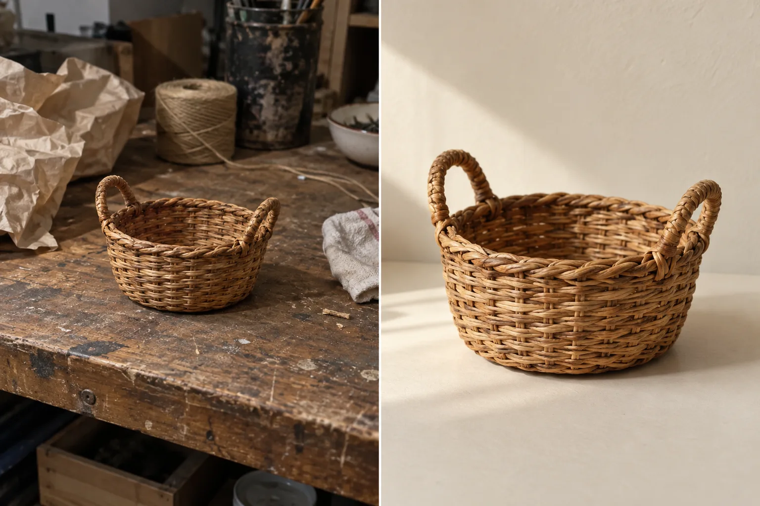 Deux mises en scène d’un panier tressé : à gauche, petit dans l’image sur un établi encombré ; à droite, mieux éclairé et cadré sur un fond uni.